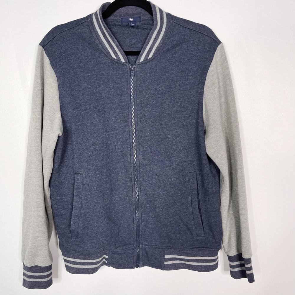 Gap Mens Small S Blue Gray Knit Bomber Jacket Full Zip Stripe Ribbed Hem Cuff